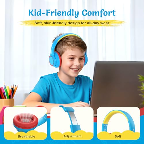 TONOSHARK Kids Bluetooth Headphones with Active Noise Cancelling, Wireless Over-Ear Headphones for Boys Girls, Foldable, Adjustable,for School Trave (Blue red) - color: blue red