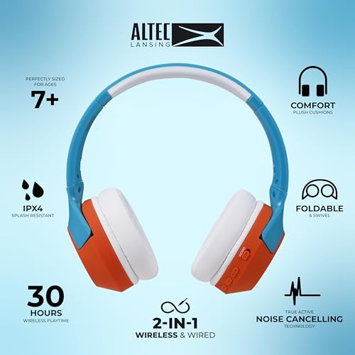 Altec Lansing Kid Safe Noise Cancelling Wireless Headphones 15H Battery, 85dB Volume Limit, Foldable Design Powerful Sound, Active Noise Cancellation Perfect for Kids Ages 7+ - color: Turquoise Orange