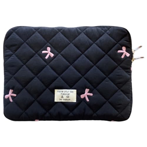 Cute Puffy Laptop Sleeve 13 Inch, Quilted Protective Case with Bow Embroidery, Coquette Y2K Preppy Kawaii Aesthetic Bag for 13” 14" Mac-Book & Laptops - color: Black-Bow