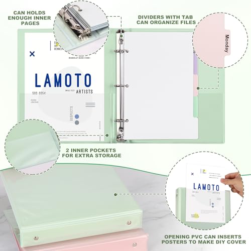 4 Pack Mini 3 Ring Binder 5.5 x 8.5 with 5 Dividers Tabs Cute Binders Organizer Junior Size Binder 1" Round Rings Holds Up to 225 Sheets for School Office A5 Size Paper (Beige&Green&Purple&Pink)