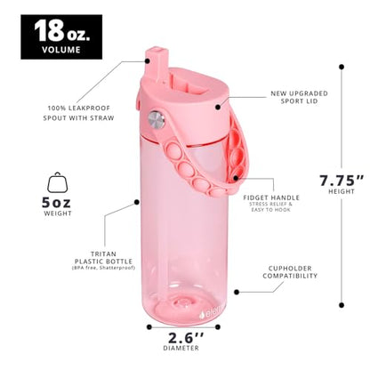 Elemental Leak Proof Water Bottles for Kids - Splash Kids Water Bottle for School with Pop-it Handle - Tritan Plastic Water Bottle with Straw - Fancy Frog Clear & Rose - 18oz (2 Pack) - color: Duo - Clear Frog / Rose