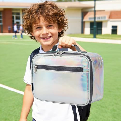 FlowFly Kids Lunch box Insulated Soft Bag Mini Cooler Back to School Thermal Meal Tote Kit for Girls, Boys, Silvery - color: Holographic