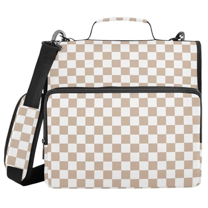 Brown White Checkered Binder Bag 3 Ring Zipper Binders with Shoulder Strap for School Office Organizer Storage - color: Q006