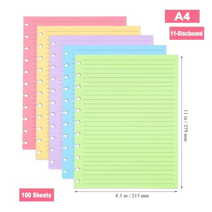 A4 TUL Discbound Lined Refill Paper, 11 Disc Hole Punched Ruled Filler Paper, Letter Size Refills Paper, 5 Colors(20 Sheets/C), Total 100 Sheets/200 Pages, College ruled, 8.5 x 11 In