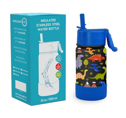 CHILLOUT LIFE 12oz Kids Insulated Stainless Steel Water Bottle with Leak Proof Straw Lid & 144 Stickers - color: Dinosaur, style: 12 oz
