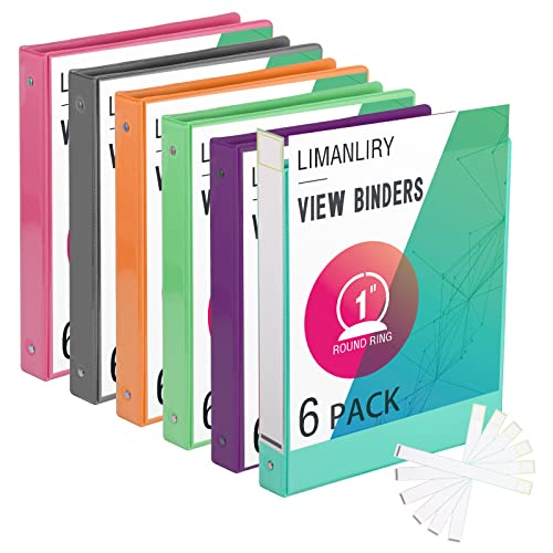 3 Ring Binders,1 Inch Round Rings, with Clear View Covers, Assorted Colors,6 Pack - color: 6 Pack 1 Inch View Binder