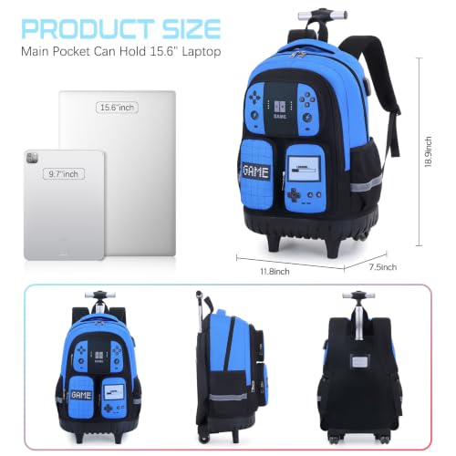 Jafeton Rolling Backpack for Boys, 3 PCS Gamer Boy Backpack Set with Lunch Box & Pencil Pouch, Roller Wheels School bag for Boys Kids Teens, Elementary Middle School, Kids Bookbag Casual Daypack - color: Blue