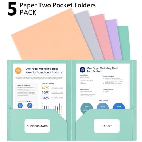 5 Pack Folders with Pockets, 5 Pastel Sweet Colors Paper Pocket Folders | Heavy Duty File Folders, with Business Card Slot, 2 Pocket Folder, for School Office, Letter Size
