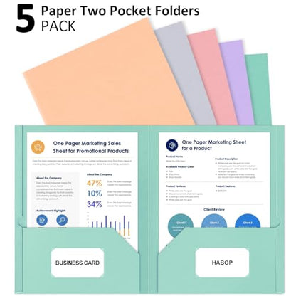 5 Pack Folders with Pockets, 5 Pastel Sweet Colors Paper Pocket Folders | Heavy Duty File Folders, with Business Card Slot, 2 Pocket Folder, for School Office, Letter Size