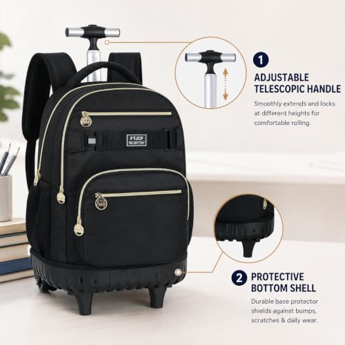 3Pcs Rolling Backpack for Boys Men, 19 Inche Adults Roller Backpacks with Wheels, School Wheeled Bookbag with Lunch Box(Black) - color: Classic Black