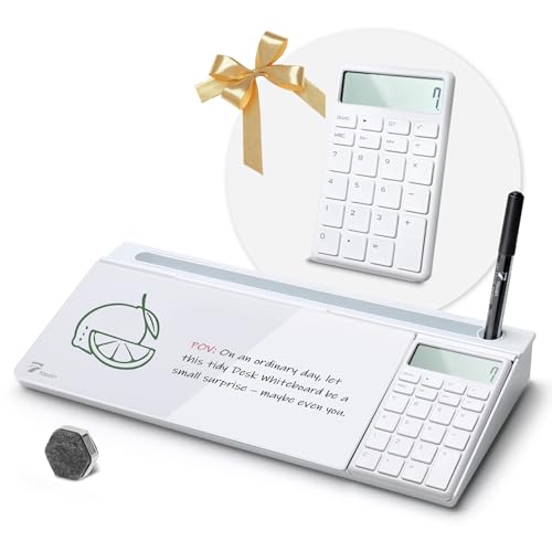 TOWON Glass Desk Whiteboard with Calculator 18x6 in, Desk Organizer, White | Desktop whiteboard with 12-digit LCD calculator. Storage for office, home, school. Glass dry erase with accessories. - color: Cal White