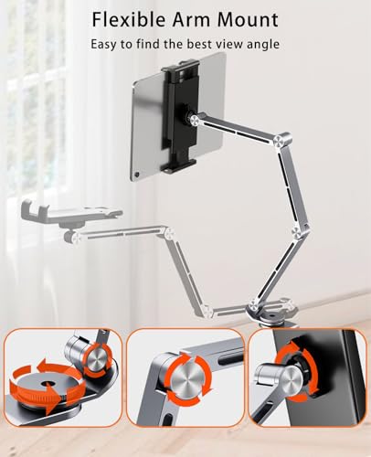 iPad Mount for Desk Aluminum Alloy Tablet Stand Foldable Overhead Arm Holder Mount Fits for 4.7-15.6" Screen Phone,Kindle,Fire HD,Monitor,iPad,Galaxy Tab Series (Silver) - color: silver
