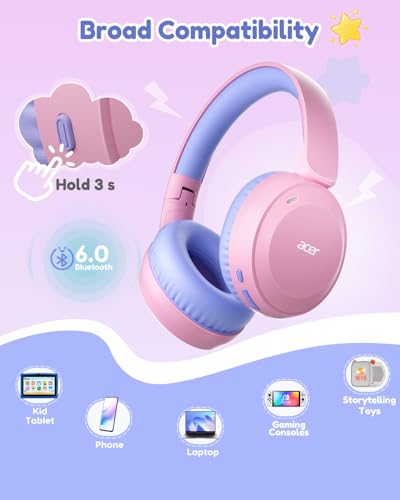 Acer Kids Bluetooth Headphones, 85/94dB Volume Limiter, Foldable Wireless Over-Ear Headphones for iPad, Travel, 60H Playtime, Bluetooth 6.0, Built-in Mic, Pink Purple - color: Pink Purple