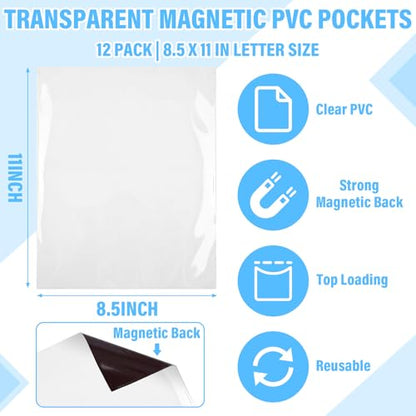 12 Pcs Classroom Magnetic Pockets 11 x 8.5 Inch Clear Whiteboard Magnetic Pouch Wall File Organizer Magnet Paper Holder for Classroom Whiteboard Refrigerator Office Supplies(Transparent) - color: Transparent