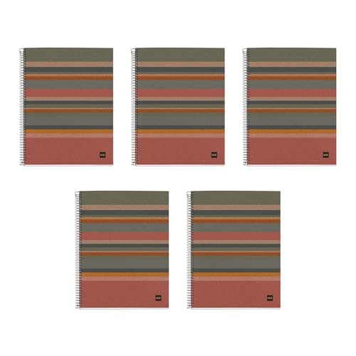 ROARING SPRING M MiquelRius 100% Recycled Collection, Lined 4 Subject Notebooks, 5-Pack, 11" x 8.5", 120 Perforated Sheets, Colored Sections, 3 Hole Punched, Eco Stripes Cardboard Cover
