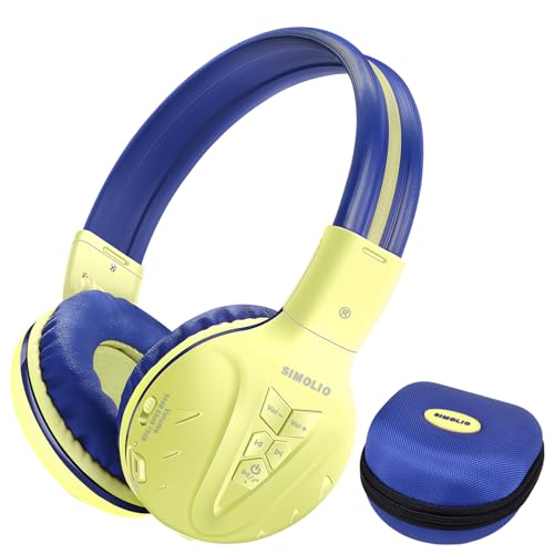SIMOLIO Wireless Kids Headphones, Foldable Stero Wireless Headset with Mic and 3- Level Volume Limited, 30H Playtime, 3.5mm Cord & Share Port, Travel Case, Bluetooth 6.0 for School Game iPad Tablet - color: Yellow