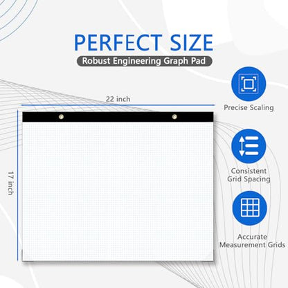 Large Engineering Graph Paper Pad - 50 Sheets/100 Pages, 22" x 17" Quadrille Grid Paper for Drafting, Engineering, Blueprint Drawing, Architect Designers, 4"x4" Blue Grid Paper, Giant Drafting Pad