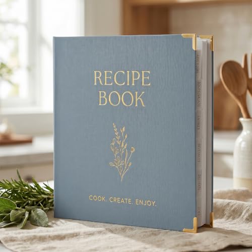 Aesthetic 8.5" x 11" Recipe Binder with Waterproof Cover - The Perfect Recipe Book with Plastic Sleeves to Write in Your Own Recipes - Quality Blank Cookbook Binder, Cards incl. - color: Dusty Blue, size: Large - 8.5x11"