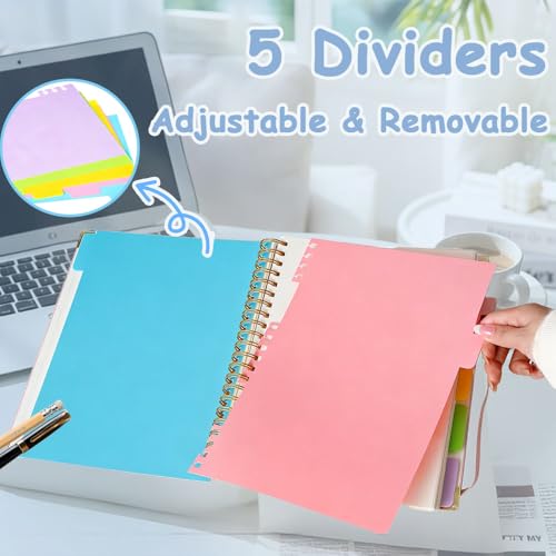 Hardcover Spiral Five Subject Notebook, Multi Subject Notebooks, Pink | Removable Dividers, Large Leather Journal, 150 Sheets, 300 Pages, 8.5''x11'', US Letter Size - color: Pink