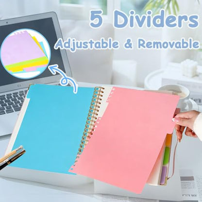 Hardcover Spiral Five Subject Notebook, Multi Subject Notebooks, Pink | Removable Dividers, Large Leather Journal, 150 Sheets, 300 Pages, 8.5''x11'', US Letter Size - color: Pink