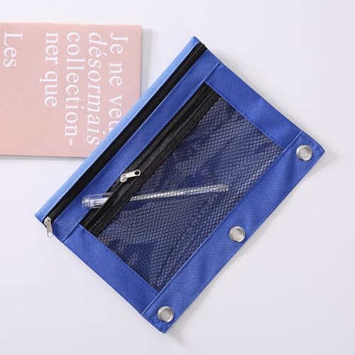 Pencil Pouch for 3 Ring Binder - 3 Hole Zipper Pen Case Bag Holder Bulk Accessories Clear Window Aesthetic Organizer Pockets - color: Blue