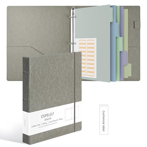 Ospelelf Vintage Hardcover 3 Ring 1 inch Leather Binder, Professional Binders Organizer Suitable for Letter Size Documents, Binder Dividers with Tabs, Faux Gray Leather - color: Grey, size: Letter Size - 1 Inch Ring