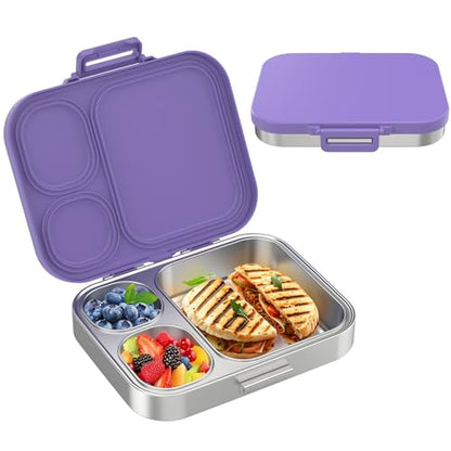 Pawtong Stainless Steel Bento Lunch Box for Kids | 3-Compartment Lunch Box Container Kids | 100% Leakproof, Eco-Friendly, Perfect Portion Control for Kids&Adult Healthy Meals (Purple) - color: Purple