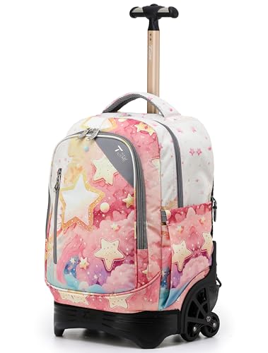 NEW TILAMI 18-Inch 6-Wheel Rolling Backpack for Kids, Starshine | Adjustable Shoulder Straps Padded Back Panel Top Carry Handle Tuck-Away Trolley Handle Carry Options - color: Starshine