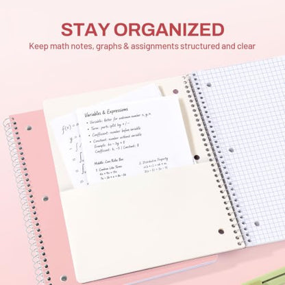 SUNEE Spiral Notebook, 1-Subject, Graph Ruled Paper, 8" x 10-1/2", 100 Sheets per Notebook, 3-Hole Punched Paper, Water Resistant Cover, Spiral Grid Notebooks for Work, Home, School, Writing, Pink - color: Pink