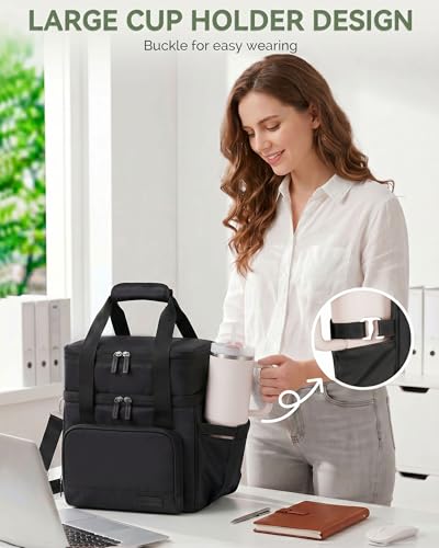 HOMESPON Double Layer Lunch Bag for Women Men, 14L Large Insulated Lunch Box with Shoulder Strap, Expandable Cooler Tote with Cup Holder for Work Office Picnic, Black - color: Black