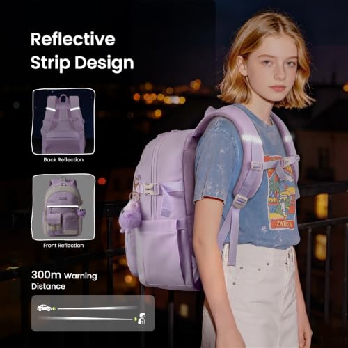 LOVEVOOK School Backpack for Teen Girls, Student Backpack Purse for 8-16 Teenage, Cute Kid Bookbag with Large Cup Holder, Back to School Backpacks Fit 15.6 Inch Laptop, Large College Travel Bag Gift - color: Off White With Khaki With Reflective Strip, siz