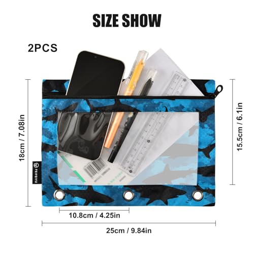 2 Pack Pencil Pouch for 3 Ring Binder Ocean Shark Blue Pencil Case Pouch with Clear Window Zipper Binder Pencil Pouches Pen Bag for Office School Supplies - color: Ocean Shark Blue