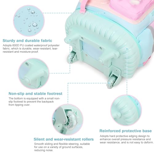 FIXITOK Rolling Backpack for Girls, Kawaii Bunny Roller Wheels School Backpacks with Lunch Bag Pencil case, Wheeled Suitcase Bookbag for Elementary Travel Aquamarine - color: Aquamarine