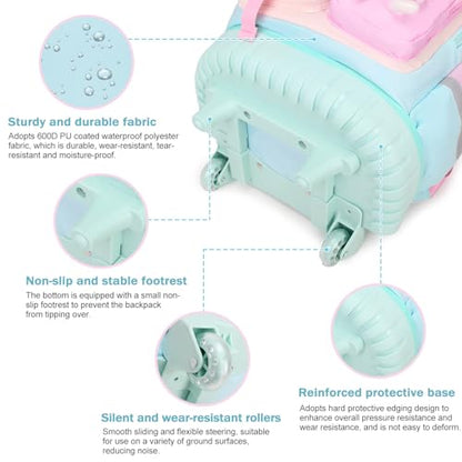 FIXITOK Rolling Backpack for Girls, Kawaii Bunny Roller Wheels School Backpacks with Lunch Bag Pencil case, Wheeled Suitcase Bookbag for Elementary Travel Aquamarine - color: Aquamarine