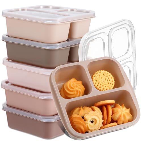Honeydak 5 Pack Snack Containers 3 Compartment Bento Snack Boxes Divided Meal Prep Containers with Lids Reusable Adults Lunch Food Storage Box for School Work Travel(Cream Brown) - color: Cream Brown
