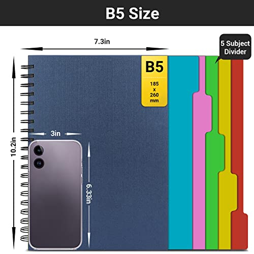 EUSOAR Spiral Notebook Hardcover, 3pcs B5 7.3"x10.2" 5 Subject College Ruled Writing Pad, 100GSM 120Sheets/ 240Pages of Lined Paper, for School, Home Supplies, Office and Business, Royal Blue - color: Royal Blue, size: B5-3Pack