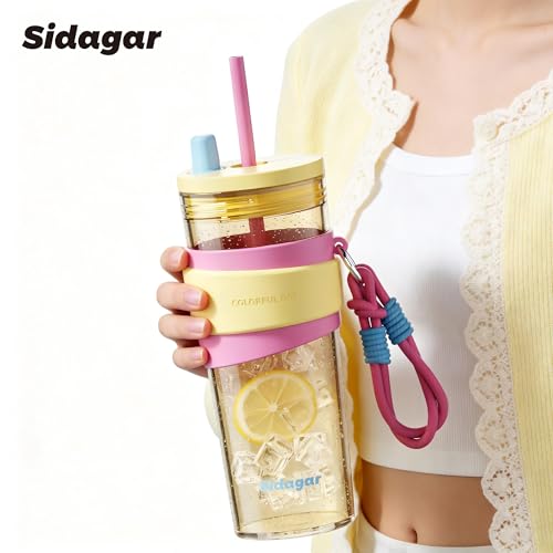 24oz Tritan Water Bottle with Straw and Silicone Sleeve, Yellow Leak-Proof Aesthetic Tumbler with Portable Carrying Strap, BPA-Free Reusable Straw Cup for School, Office, Gym - color: Sweet Peach Mist