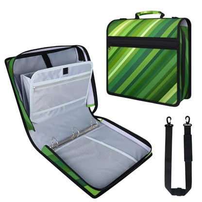 Green Stripe Zipper Binder, 3 D-Ring Expanding File Folder with Handle & Adjustable Shoulder Strap, 400 Sheets Capacity Multi-Pocket Organizer for 13 Inch Laptop - color: Green Stripe