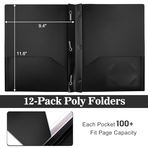 12-Pack Plastic Folders with Pockets and Prongs, 2-Pocket Poly Folders with 3 Fasteners Hold 8-1/2" x 11" Paper for School/Office/Home, Black - color: Smooth Black, size: 12-Pack