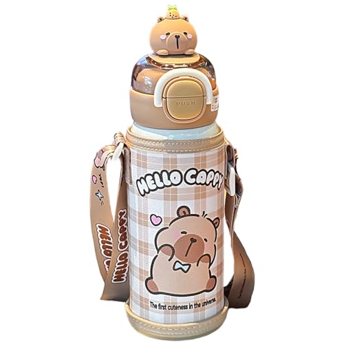 Capybara Water Bottle with Lid & Straw 520ml Stainless Steel Cute Water Bottle Portable Drinking Cup with Cup Sleeve and Strap for Office School Travel Girls.