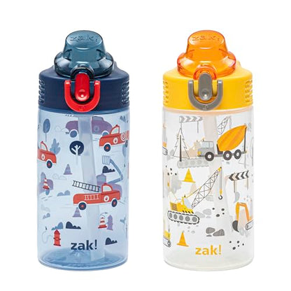 Zak Designs Sage Kids Water Bottle For School or Travel, 16oz Durable Plastic Water Bottle With Straw, Handle, and Leak-Proof, Pop-Up Spout Cover, 2-Pack Set (Construction and Rescue) - color: Construction and Rescue
