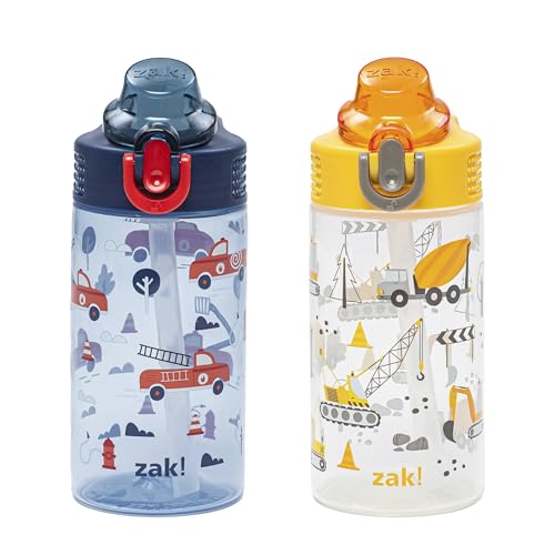 Zak Designs Sage Kids Water Bottle For School or Travel, 16oz Durable Plastic Water Bottle With Straw, Handle, and Leak-Proof, Pop-Up Spout Cover, 2-Pack Set (Construction and Rescue) - color: Construction and Rescue