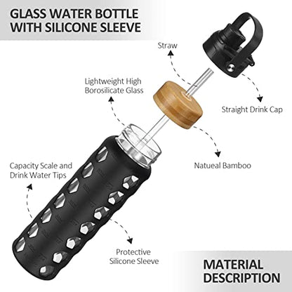MUKOKO 24oz Glass Water Bottle, Black | Glass Tumbler with Straw, Drinking Bottles with 2 Lids-Handle Spout Lid & Bamboo Straw Lid, Silicone Sleeve, 1 Pack - color: Black, size: 24 Ounces
