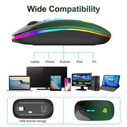 LED Wireless Mouse, Bluetooth Mouse &2.4GHz Instant Connection,Rechargeable Ultra Silent Slim,3 DPI 2 Connection Modes with USB-C to USB Adapter for Laptop/MacBook/PC/Tablet/iPad (Black-green) | Bluetooth mouse with 2.4GHz USB receiver, silent slim design