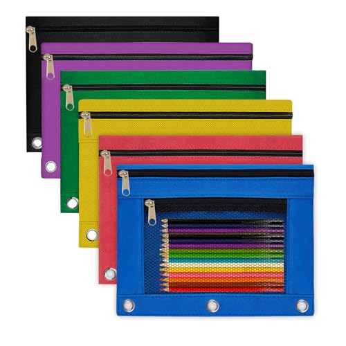 Pencil Pouch for 3 Ring Binder 6 Pack Pencil Bags with Zipper Pencil Case for Binder Large Pencil Case Pouch 3 Ring with Clear Mesh Window Double Pockets Office Supplies Assorted Color - color: Black+Red+Blue+Purple+Green+Yellow, size: 6 Pcs