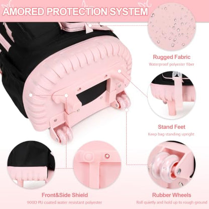 DIGOBAY Rolling Backpack for Girls, Girls Roller Backpack with Lunch Bag and Pencil Case, School Bookbag with Wheels for Elementary Middle High School Travel, Black Pink - color: Black and Pink