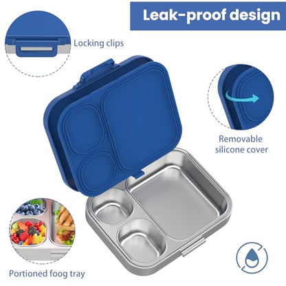 Pawtong Stainless Steel Bento Lunch Box for Kids | 3-Compartment Lunch Box Container Kids | 100% Leakproof, Eco-Friendly, Perfect Portion Control for Kids&Adult Healthy Meals (Blue) - color: Blue