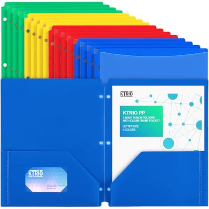 KTRIO 16 Pack 2 Pocket 3 Prong Folders, Clear Front Pocket, 4 Colors | Letter Size Fit, Water-Resistant PP, Business Card Slot, 2 Pocket Storage, School Office Use - size: 16 Pack, style: 3 Holes