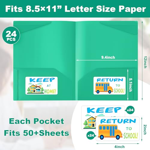 Henoyso 24 Pack Take Home Folders with 2 Pockets and Tabs, Plastic Classroom Communication Homework Folder School-to-Home with Clear Front Pocket for Students Parent Teacher Connector (Green) - color: Green