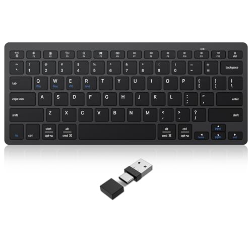 OMOTON Compact Wireless Keyboard for PC/Tablet/Laptop, Type-C USB-A, Black | 2.4G wireless with scissor-switch quiet keys. Ultra-slim, ergonomic, auto-sleep, 6-month battery. For office, travel & home - color: Black